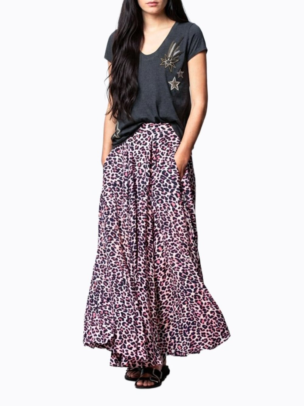 Zadig & Voltaire Joyo Leopard Print Maxi Skirt Navy Pink Ecru EUR 38 US 6 Boho